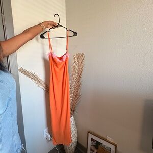Orange Slip Dress with Pink Lace Trim